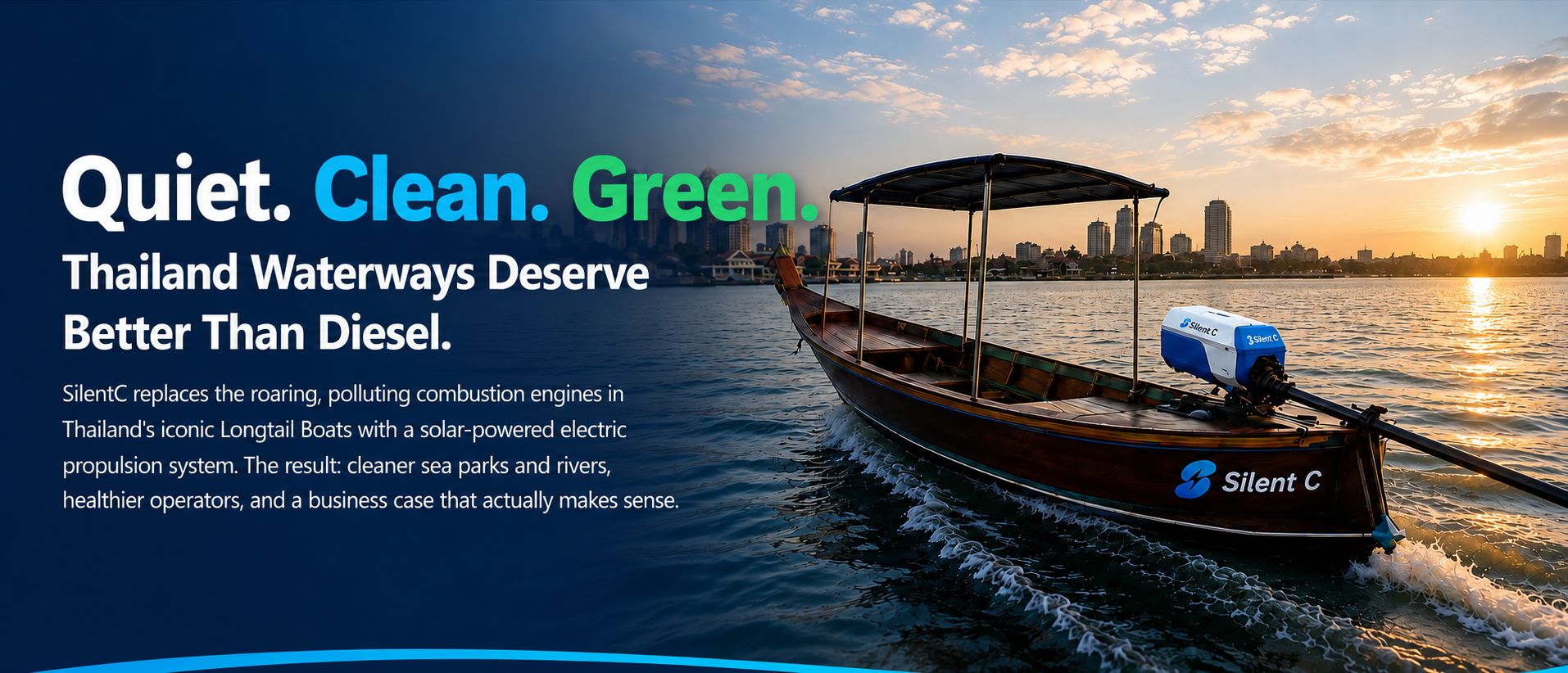 SilentC electric longtail boat — Quiet. Clean. Green.
